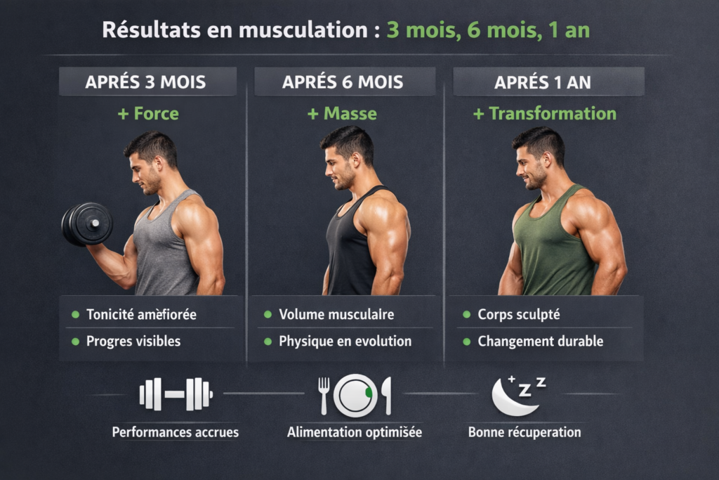 Comparatif des résultats en musculation après 3 mois, 6 mois et 1 an d’entraînement régulier