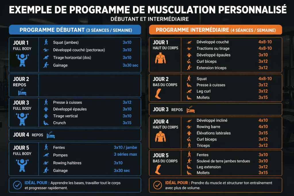 exemple de programme de musculation personnalisé débutant et intermédiaire avec exercices et répartition des séances