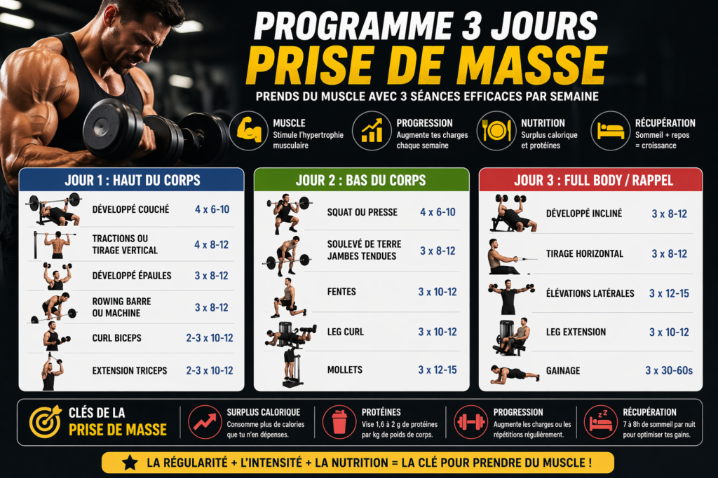 programme musculation 3 jours prise de masse exemple entrainement hypertrophie semaine