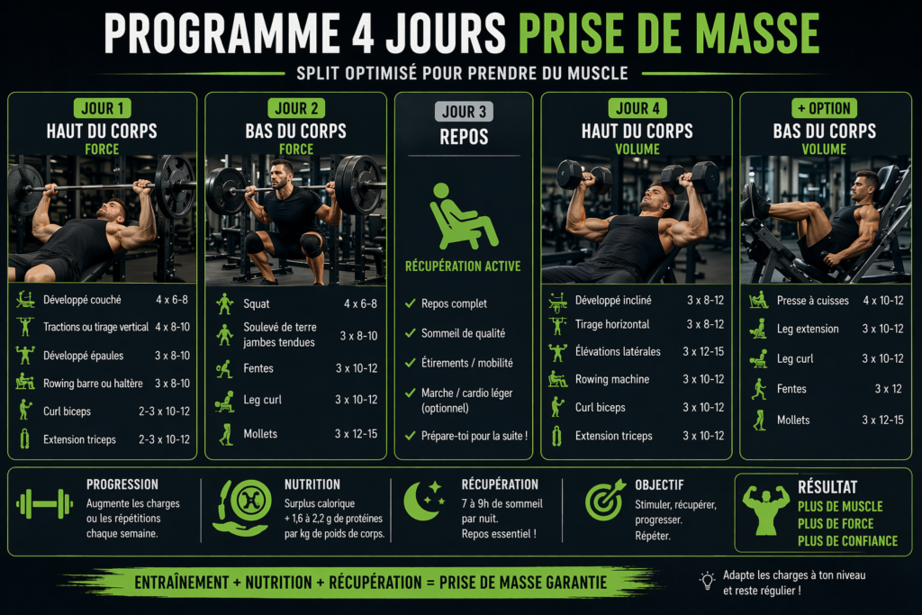 programme musculation 4 jours prise de masse split hypertrophie exemple entrainement semaine