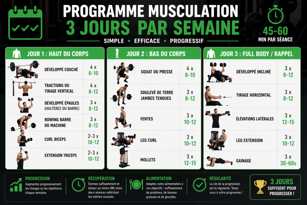 programme musculation 3 jours par semaine exemple full body haut bas plan entrainement