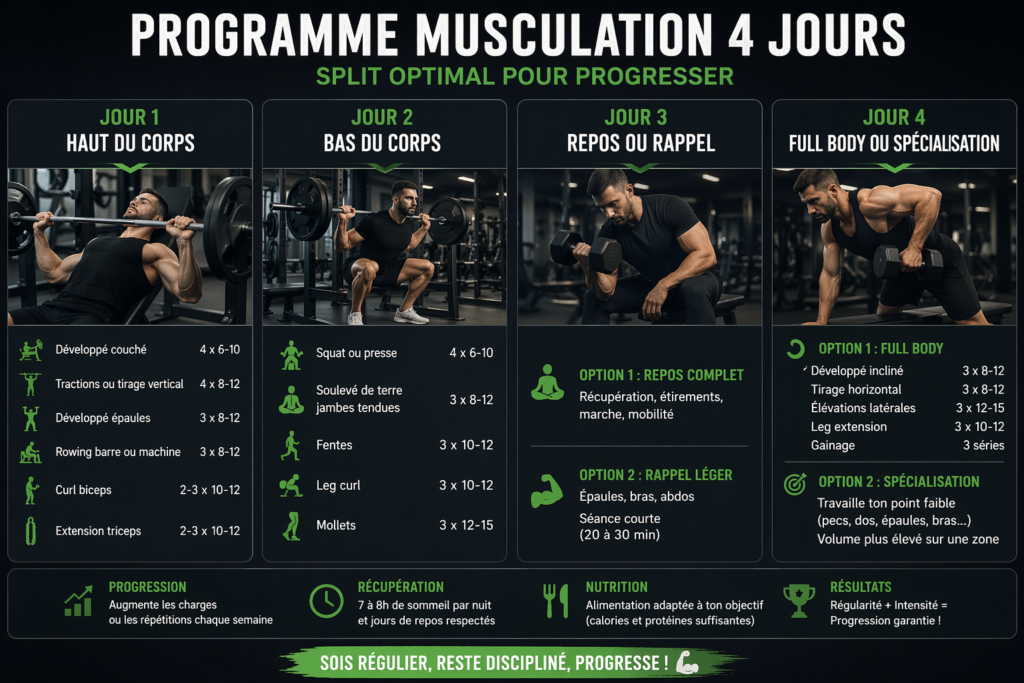 programme musculation 4 jours split upper lower exemple entrainement semaine