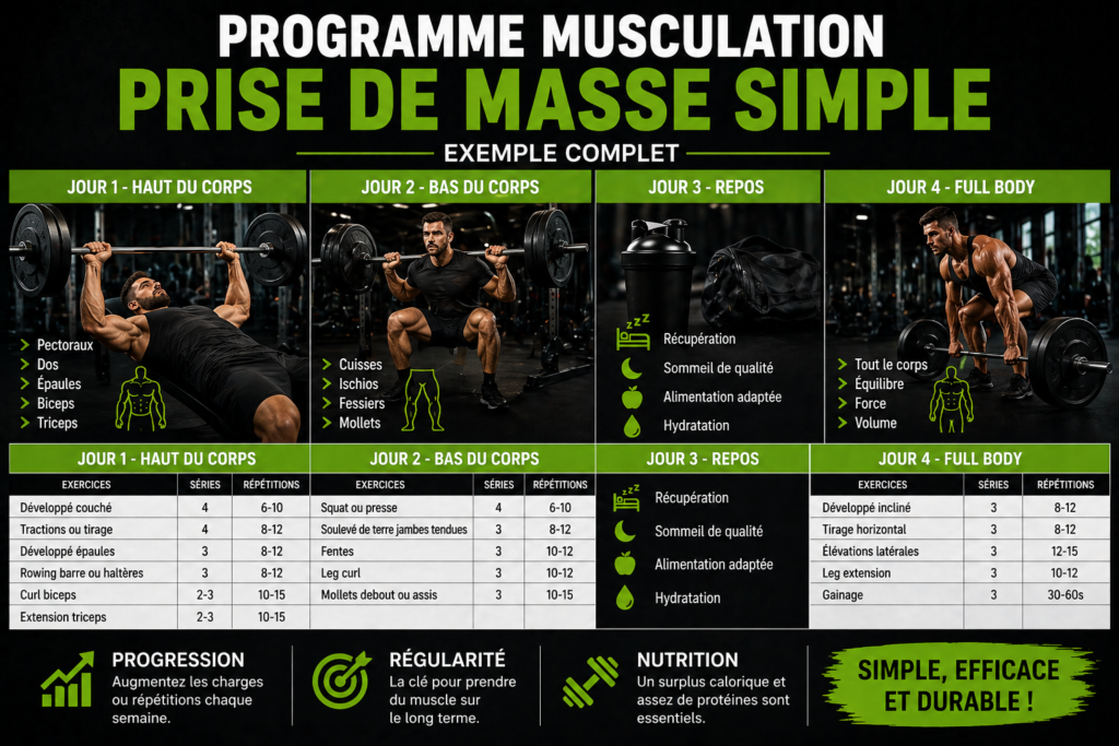 programme musculation prise de masse simple exemple complet entrainement pour prendre du muscle