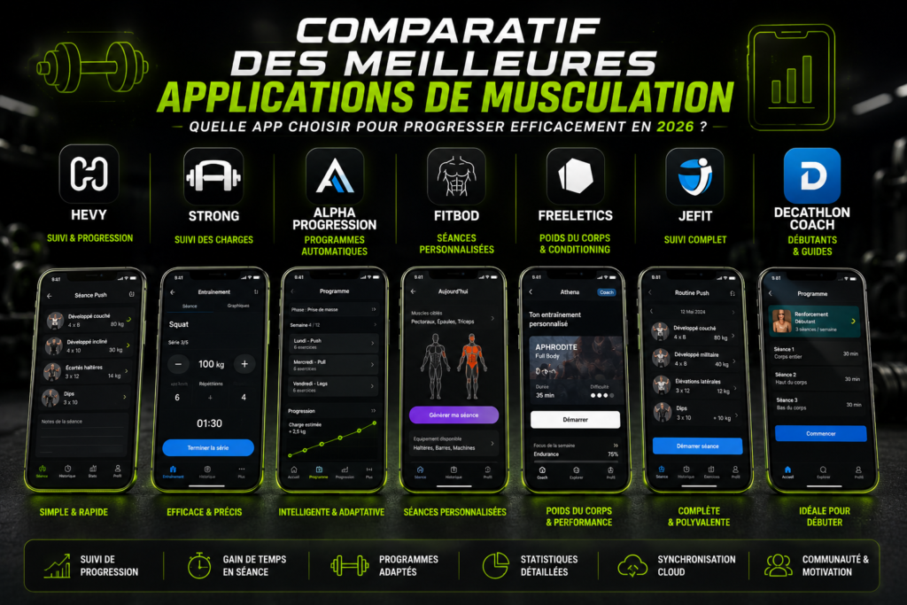 Comparatif des meilleures applications de musculation en 2026 : Hevy, Strong, Alpha Progression, Fitbod, Freeletics, Jefit et Decathlon Coach