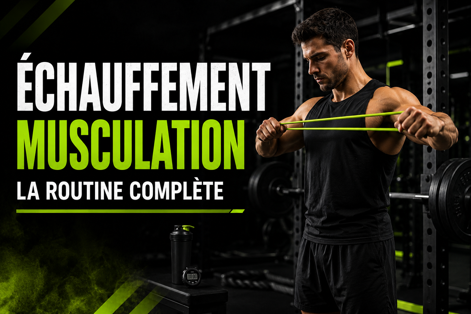 Échauffement en musculation avant une séance avec élastique et barre légère